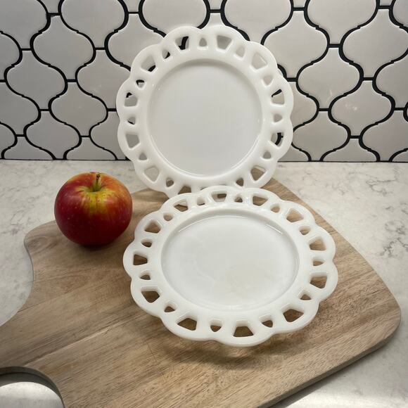 Hazel Atlas Lace Edge Milk Glass 8" Salad Plates, Mid Century, weddings set of 2 - Picture 1 of 4